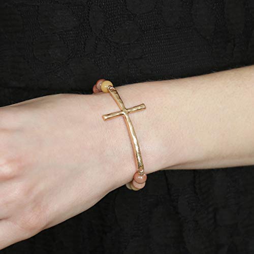 Riah Fashion Cross Metallic Bar Beaded Stretch Bracelet - Religious Christian Strand Natural Stone, Semi-Precious Prayer Cuff Bangle (Cross - Pink) #TOP1