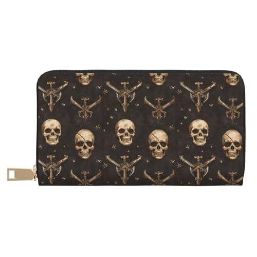 Pirate Style Skull Print Wallet Women Men, Long PU Leather Wallets for Women, Cute Womens Travel Wallet Purse Pouch with Zipper Pocket - Main Image