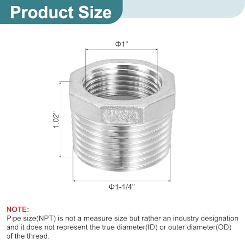 Image of uxcell 1Pcs 1 inch Male to 3 /4 inch Female NPT 304 Stainless Steel Reducer Hex Bushing, Reducing Cast Pipe Adapter Fitting for industrial, oil /gas, water, HVAC, and plumbing systems
