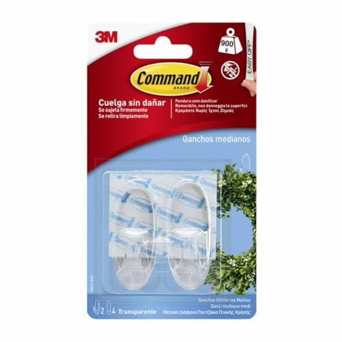 Command Ganchos Transparentes Medianos con Tiras Transparentes, 7 Ganchos y 10 Tiras Adhesivas – Para Colgar Luces y otros Adornos Sin Dejar Marcas y Sin Taladrar, Hasta 900g