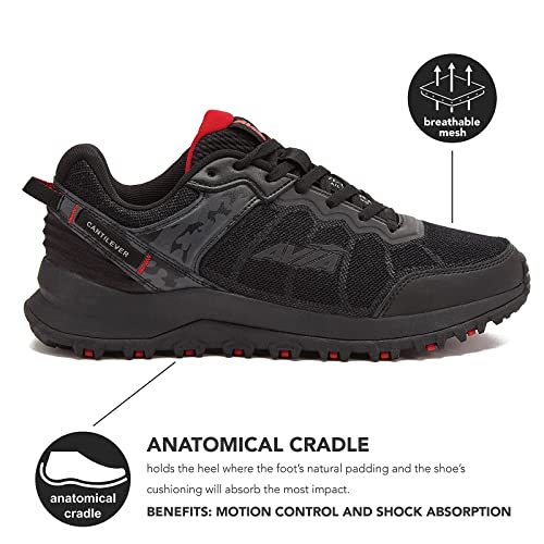 Avia Ultra Men’s Trail Running Shoes, Lightweight Breathable Mesh Sneakers for Men - Black/Red, 10.5