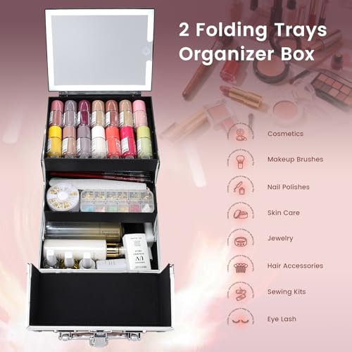 Faquenc Makeup Case with Lighted Mirror Travel Makeup Organizer Box Portable Lockable 2 Trays Cosmetic Train Case with LED Mirror for Girls Make up Nail Kits Sewing Vanity Storage Case, Shiny Gold - Thumbnail 2