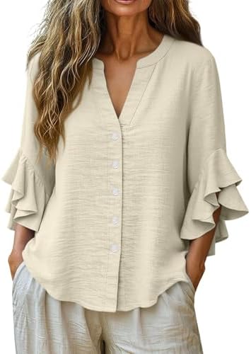 3/4 Ruffle Sleeve Cotton Linen Shirts for Women Dressy V Neck Beach Tunic Tops Elegant Summer Casual Work Blouses Yellow — view 4