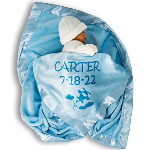 Custom Catch Personalized Airplane Baby Blanket - Boy Name Gift - Blue or Pink (2 Text Lines)