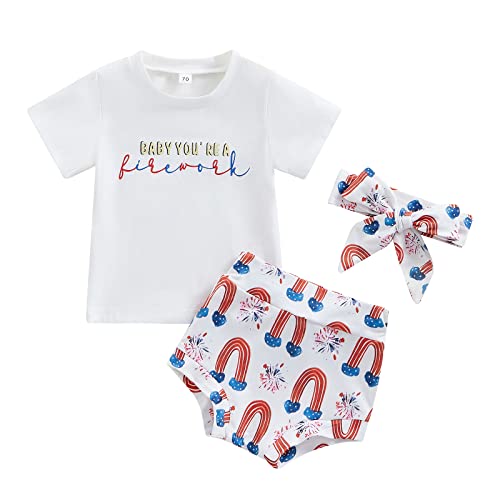 Baby Girl 4th of July Outfit Short Sleeve Letter Print T-Shirt Top Star Stripe Shorts Headband Summer Clothes Set (Baby You are a Firework-White+Rainbow,12-18 Months)