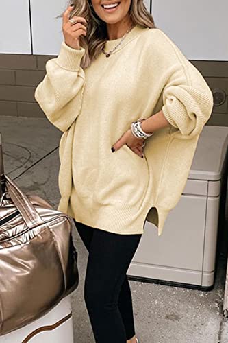 Lillusory Women Cream Sweaters Cashmere Crewneck Batwing Long Sleeve Sweater Oversized Knit Side Slit Pullover Top #TOP4
