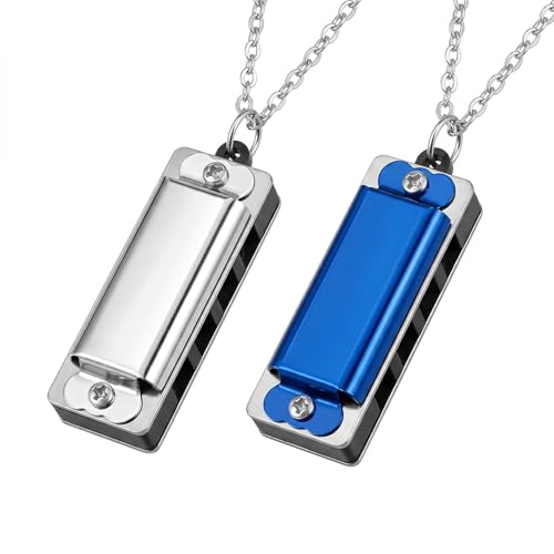 Lot de 2 Mini Harmonicas Collier pour Enfant et Débutant, Harmonica 4 Trous 8 Notes, Instrument de Musique Portable (Argent et Bleu), 3,4 cm, Idéal pour Apprentissage et Cadeau Musical