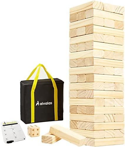 Aivalas Giant Tumble Tower, Wooden Stacking Block Game with Scoreboard&Carrying Bag, Classic Outdoor Backyard Lawn Game for Kids Adults Family (4.2FT)- 56 Pieces