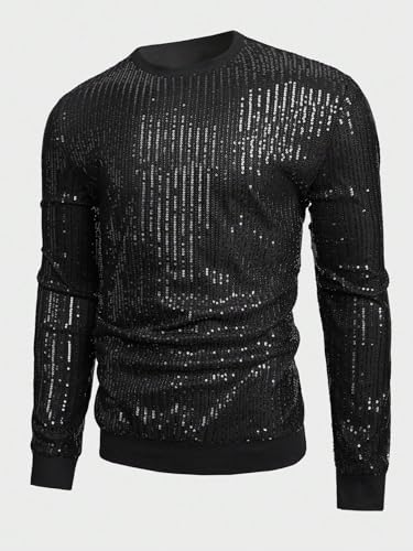 WDIRARA Men's Glitter Sequin Round Neck Sweatshirt Long Sleeve Solid Pullover Top3