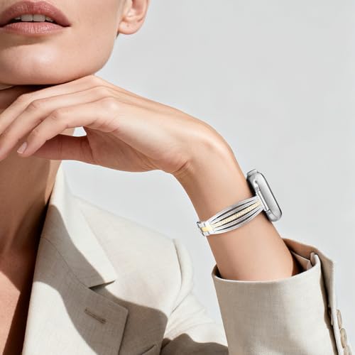 Image of AIRSPO Slim Gold Band Compatible with Apple Watch 38mm 40mm 41mm 42mm 44mm 45mm 46mm Women Thin Metal Strap Dressy Jewelry Bracelet with Bling Diamond for iWatch Bands Series 11 10 9 8 7 6 5 4 3 SE (Silver and Gold-02, 42mm /44mm /45mm /49mm /46mm(Series 10))