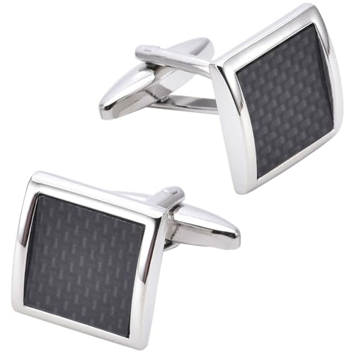 Jonwo Black Carbon Fiber Pattern Cufflinks for Men Dress In Gift Case Silver Square Classic Men's Cufflinks Set for Wedding Party Birthday Anniversary Dress