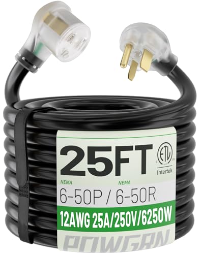 Image of POWGRN 25FT 25 Amp 12 Gauge 3 Prong Welder Extension Cord, NEMA 6-50P to 6-50R, 250V Heavy Duty Welding Cable with LED Power Indicator, Compatible with Lincoln, Miller Welders, SJTW, ETL Listed