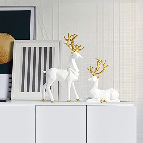 2Pcs 3D Geometric Elk Resin Statue, Seated And Standing Elegant Lucky Deer, Luxurious Simple Style Ideas, Suitable For Living Room, Wine Cabinet, Display Stand, Bedroom, Office Desktop (Golden Deer) #TOP4