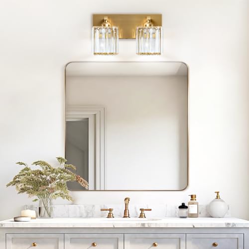 Image of Gold Crystal Bathroom Vanity Light, 2-Light Modern Bathroom Lighting Fixtures Over Mirror,Chrome Wall Sconce Light Fixtures with Square Shade