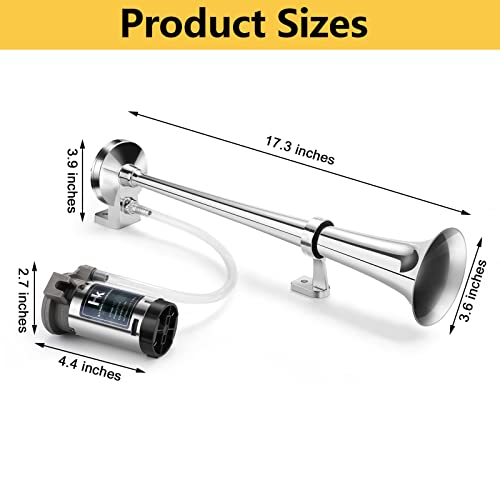 HK 12V 150db Air Horn, 18 Inches Chrome Zinc Single Trumpet Truck Air Horn with Compressor Powerful Loud 150db for Truck Boat SUV Train (Sliver) by HK - Image 2