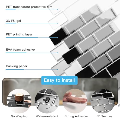 Art3d Peel and Stick Black with Silver Grout Wall Tiles – 10-Pack of 12 x12 Thickened Design Backsplash, Self-Adhesive Tile for Kitchen & Bathroom Decor by Art3d - Image 6