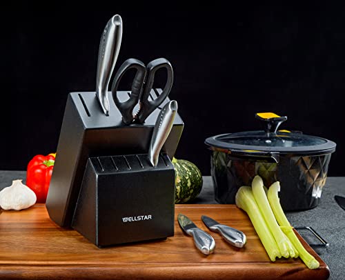 12 Slot Kitchen Knives Block, WELLSTAR Natural Wood Knife Holder without Knives – Hard Wood Countertop Knife Storage with Built-in Knife Sharpener - Black by WELLSTAR - Image 2