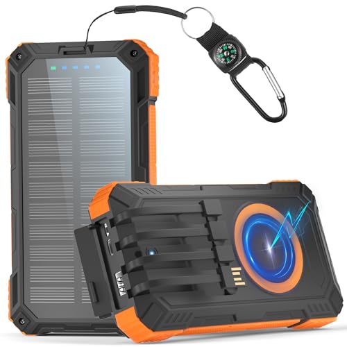 Power Bank Solare 26800mAh Con Ricarica Wireless 15W E 4 Cavi Integrati – Impermeabile Per Campeggio E Outdoor