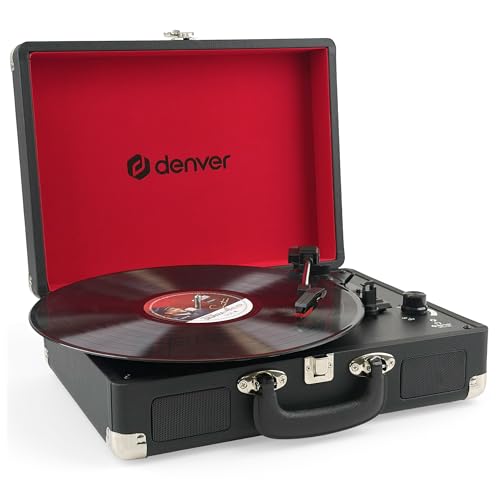 Giradischi Denver VPL-120BLACK design valigia. Altoparlanti integrati, uscita phono, compatibile con vinile 331/3, 45 e 78 RPM, Nero