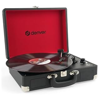 Giradischi Denver VPL-120BLACK design valigia. Altoparlanti integrati, uscita phono, compatibile con vinile 331/3, 45 e 78 RPM, Nero