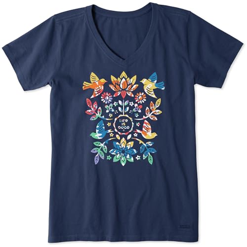 Life is Good Women's Crusher-Lite Tee Shirt, Short Sleeve Cotton Graphic T-Shirts, Folk Art Garden Tie Dye, Darkest Blue, X-Large