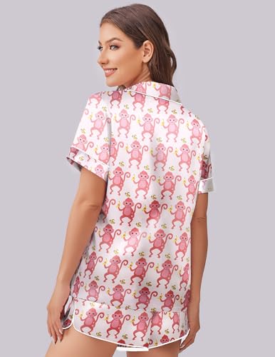 Image of Ekouaer Womens Silk Satin Pajama Set Print Short Sleeve Sleepwear Button Down Pjs Shorts Set Loungewear Banana Monkey XL