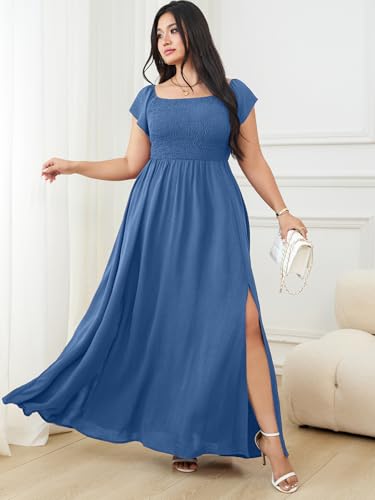 RWJ Womens Plus Size Wedding Guest Dress Summer Off Shoulder Short Sleeve Party Cocktail A-Line Split Long Maxi Dresses3
