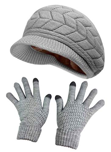 Hindawi Womens Winter Hat And Gloves Set For Girls Wool Knit Skull Cap With Visor,Grey #TOP14