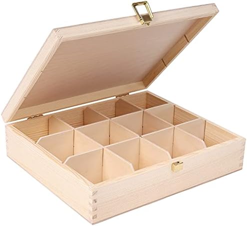 Creative Deco Unpainted Wooden Tea Box Storage | 12 Compartments | 29x25x7,5cm | Natural Wood | Luxury Compartment Organiser Bag Container Keepsake Caddy Chest for Chocolate & Coffee with Lid