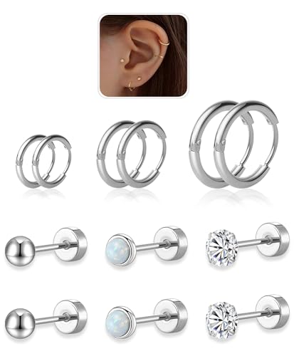 6 Pairs Small Hoop Earrings and Studs Earrings Set for Women Men,20G Titanium Cartilage Hoop Earrings 6mm 8mm 10mm Hypoallergenic,4mm Ball/Opal/Cubic Zirconia Flat Back Stud Earrings (Silver)