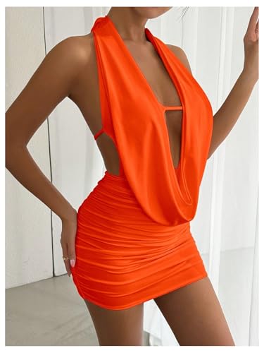 Image of SOLY HUX Women's Sexy Deep V Neck Halter Bodycon Mini Dress Sleeveless Party Club Dresses