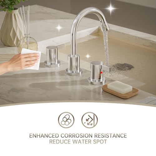 Phiestina Pull Down Sprayer Chrome 8 Inch 3 Hole Bathroom Sink Faucet, 2 Handles Widespread Pull Out Bathroom Faucet,with Metal Pop-Up Drain and Water Supply Line,BF04012-K01-C