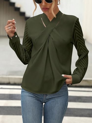 SweatyRocks Women's Mesh Long Sleeve Blouse Criss Cross Tie Neck Pullover Shirt Tops3
