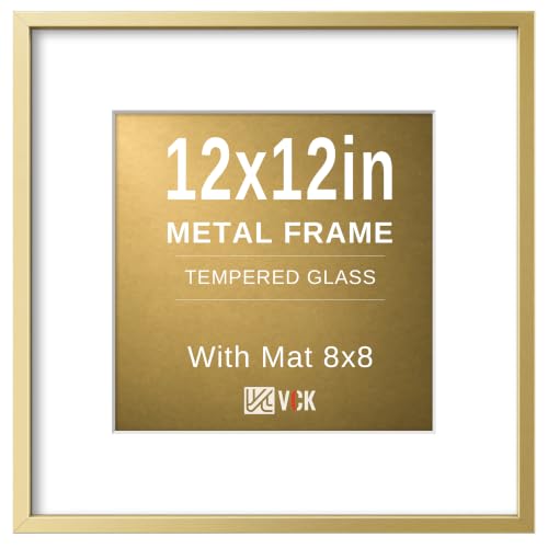 Image of VCK 12x12 Frame Gold Metal, Real Glass, 8x8 Mat, for Picture Print