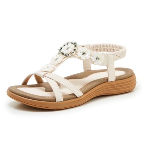Image of ZAPZEAL Women Flat Sandals Elastic Ankle Ladies Low Wedge T-Strap Sandals