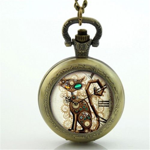 Cat Pocket Watch Necklace, Steampunk Clock Necklace, Jewelry