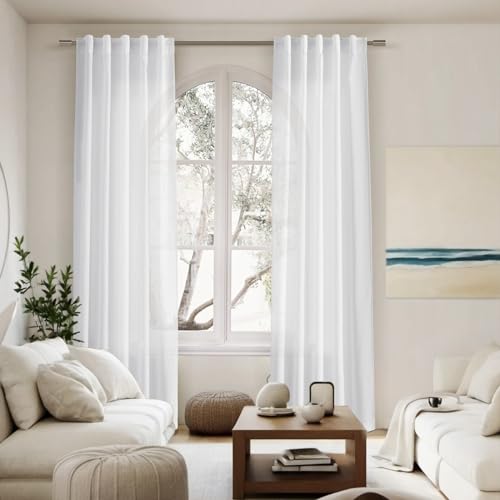 Image of Linen White Curtains 108 Inches Long 2 Panels Set Back Tab Rod Pocket Semi Sheer Cotton Textured Light Filtering Extra Long Curtain Farmhouse High Ceiling Curtains for Living Room 9Ft 40x108