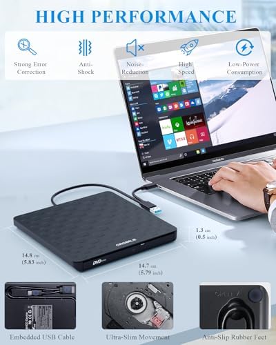 ORIGBELIE External CD DVD Drive for Laptop, USB 3.0 Type-C Ultra Slim 13mm DVD Player Portable CD DVD +/-RW Drive CD Burner Reader Writer Recorder for Desktop PC Windows 11/10/8/7 Linux Mac OS (Black) — view 6