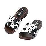 JOMIX Chanclas para Mujer con Suela de Madera, Estampado de Vaca y Tachuelas, Sandalias Cómodas para Playa WWC260278 (Negro Blanco, 39)