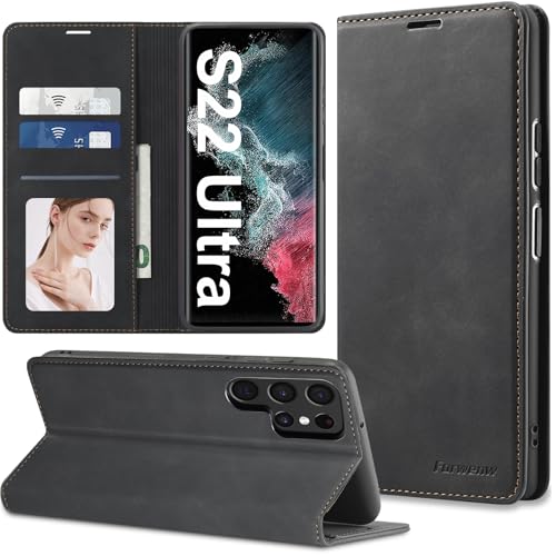 Protection intégrale antichoc Samsung S22 Ultra étui à rabat fin et magnétique en cuir noir
