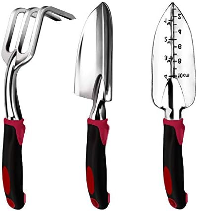 CestMall Garden Tool Set, 3 pcs Stainless Steel Hand Tool Gardening Gift Kit Include Hand Trowel Transplant Trowel and Cultivator Hand Rake Ergonomic Handle Gardening Work Set for Gardening Lovers