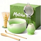 HUSHHAVN Matcha Whisk Set, Ceramic Matcha Set Includes Bowl & Holder, Bamboo Whisk (Chasen), Scoop, Spoon and Sifter, 6PCS Matcha Kit Covers Everything Needed for Making Matcha (Green)
