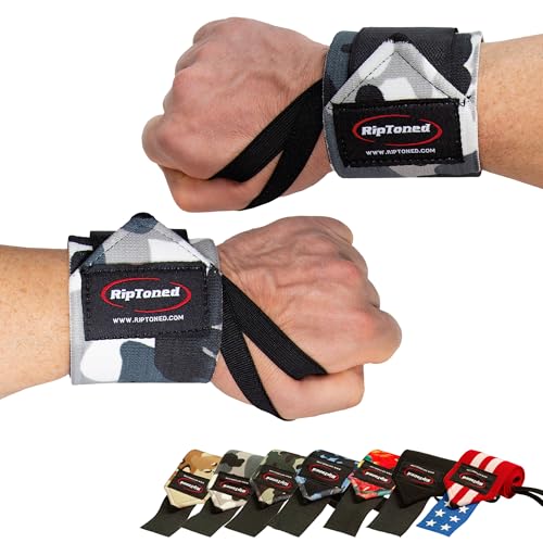 Rip Toned Wrist Wraps by 18" Professional Grade with Thumb Loops - Wrist Support Braces - Men & Women - Weight Lifting, Crossfit, Powerlifting, Strength Training -Bonus eBook (Gray Camo – Stiff)