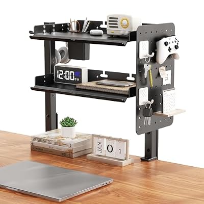 2-Tier Metal Clamp On Desk Shelf, Adjustable 16 inch Desk Storage Shelves with Pegboard and Pencil Holder,Above or Under Heavy Duty Desktop Organizer with Headphone Holder for Desk Accessories (Black)