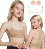 DANSHOW Girls Dance Bra Seamsless Nude Bras for Teens Girl with 2 Pairs of Clear Straps, Silicone Pads (HY8E-18-1-M)