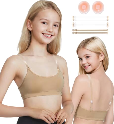 DANSHOW Girls Dance Bra Seamsless Nude Bras for Teens Girl with 2 Pairs of Clear Straps, Silicone Pads (HY8E-18-1-M)
