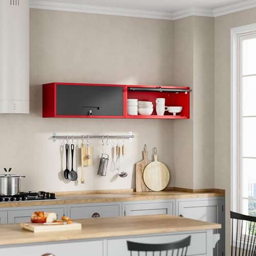 Image of Yizosh Metal Wall Cabinet with Doors, Wall Mounted Storage Cabinet, Floating Tool Cabinet for Kitchen, Basement, Warehouse (Red Black, 13.7 inch H)
