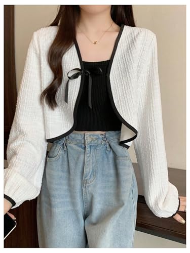 MakeMeChic Women's White Bow Tie Front Jacket – Trendy Cropped Outerwear for Any Occasion in Small Size - Image 4