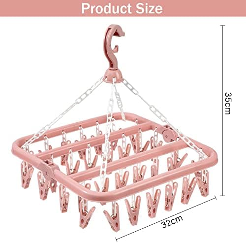 MENFENG Clothes Drying Hanger and Drip Foldable Hanging Sock Rack32 Clips  Multifunction clothes drying rackRotary Wind-sock hanger for washing linefor Socks, Underwear, Bras, Baby Clothes (Pink)