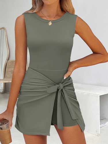 Image of Women Tennis Dress Built in Shorts Summer Sleeveless Bodycon Tie Cinched Waist Mini Athletic Romper Skort Dresses Army Green Medium